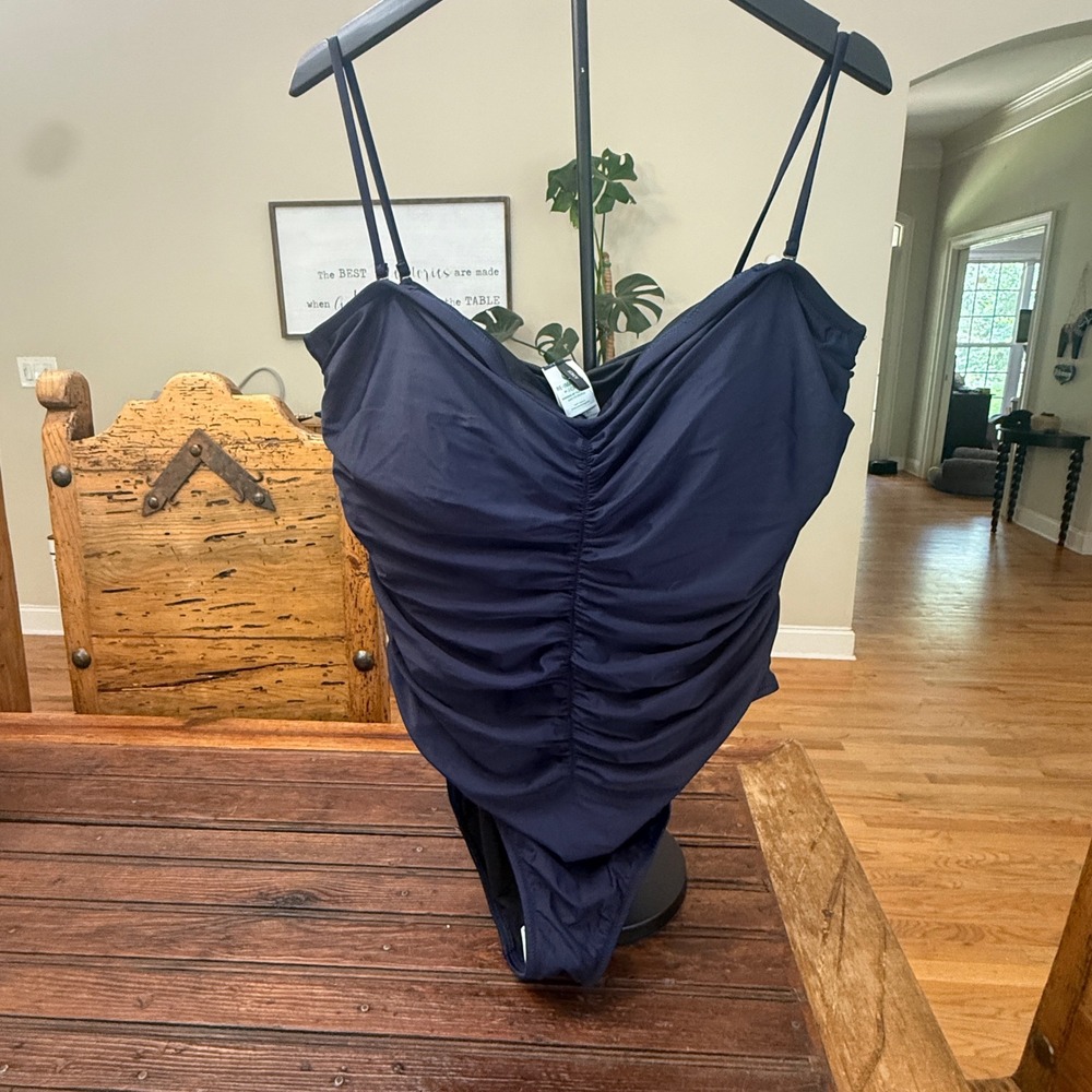 J.Crew Ruched Bandeau One-Piece Swimsuit Navy Blue Size 22 NWT Removable Straps